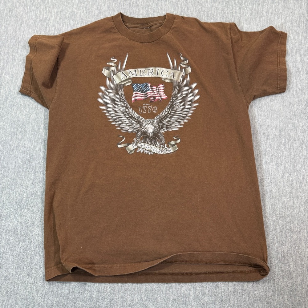 Gildan T-Shirt Men L Brown America Eagle Graphic Print Short Sleeve Crew Neck